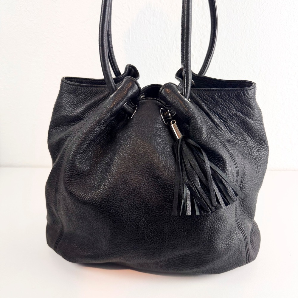 Michael Kors Black Pebbled Leather Tassel Shoulder Bag Bucket Tote Silver Tone